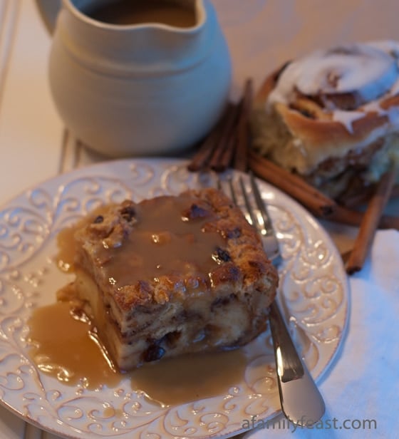 Cinnamon Roll Bread Pudding with Bourbon Sauce