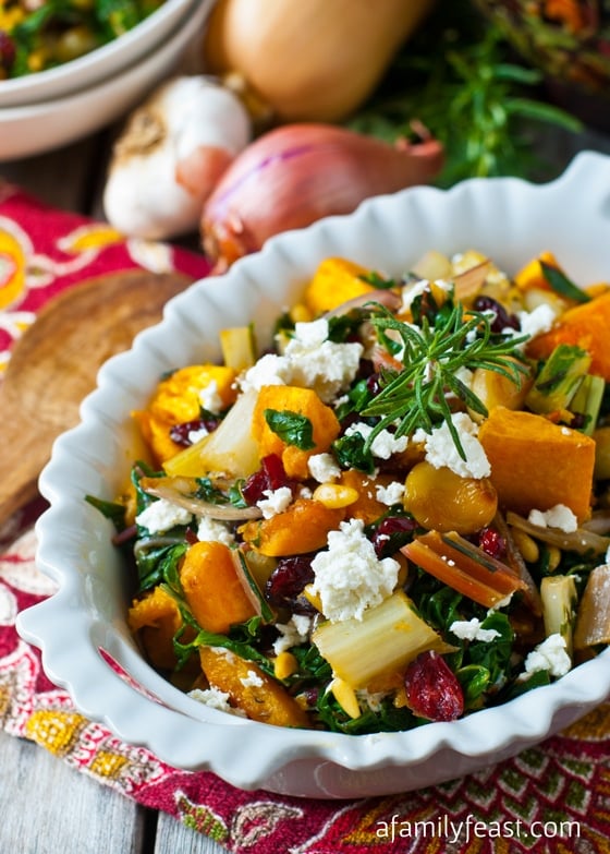 Roasted Butternut Squash and Swiss Chard - One of our favorite ways to enjoy butternut squash - with sauteed Swiss chard, roasted garlic, caramelized onion and pine nuts and dried cranberries. YUM!