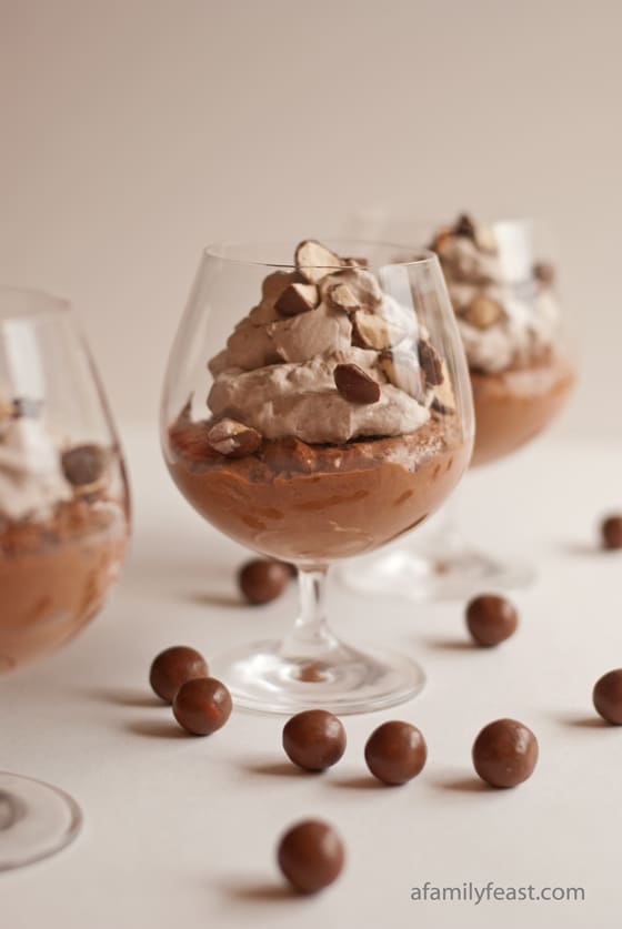 A light and airy Chocolate Malted Mousse topped with lightly sweetened cocoa whipped cream. Incredible!