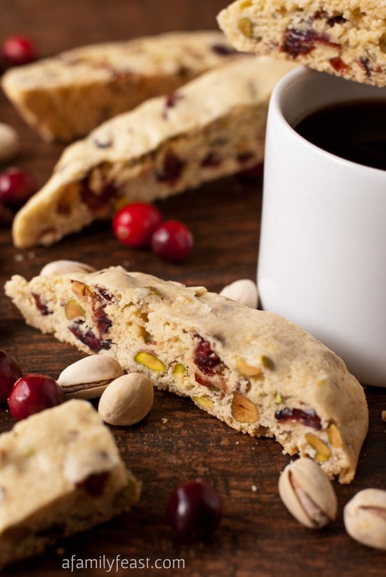 Cranberry Pistachio Biscotti - The perfect holiday biscotti recipe with dried cranberries and pistachios in a sweet vanilla-almond cookie.