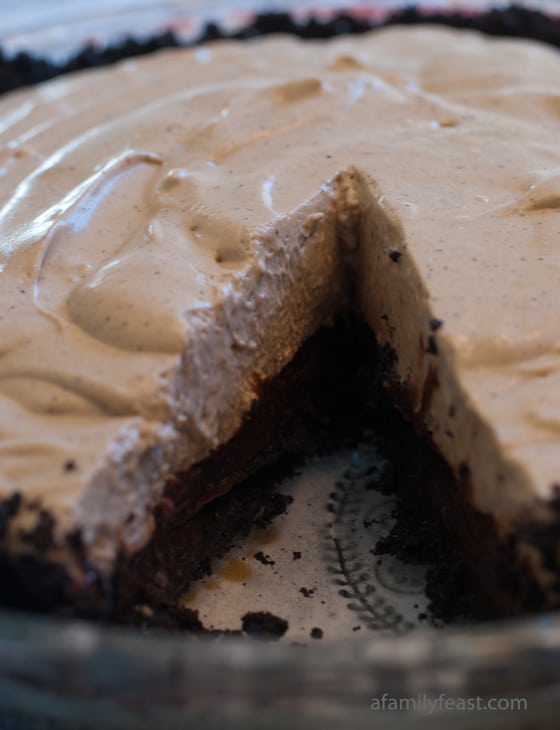 Espresso Black Bottom Pie - An amazingly good pie with an Oreo crust and chocolate mousse filling topped with espresso-infused whipped cream.