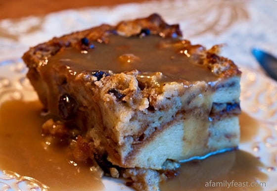 Cinnamon Roll Bread Pudding with Bourbon Sauce - A Family Feast