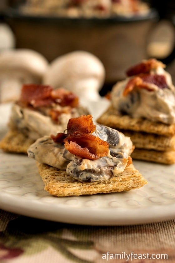 Warm Mushroom Bacon Dip - A warm, creamy and delicious dip made with sauteed mushrooms, crispy bacon, melted cream cheese and sour cream, and Worcestershire and soy sauce.
