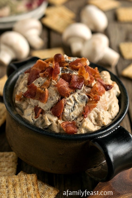 Warm Mushroom Bacon Dip - A warm, creamy and delicious dip made with sauteed mushrooms, crispy bacon, melted cream cheese and sour cream, and Worcestershire and soy sauce.