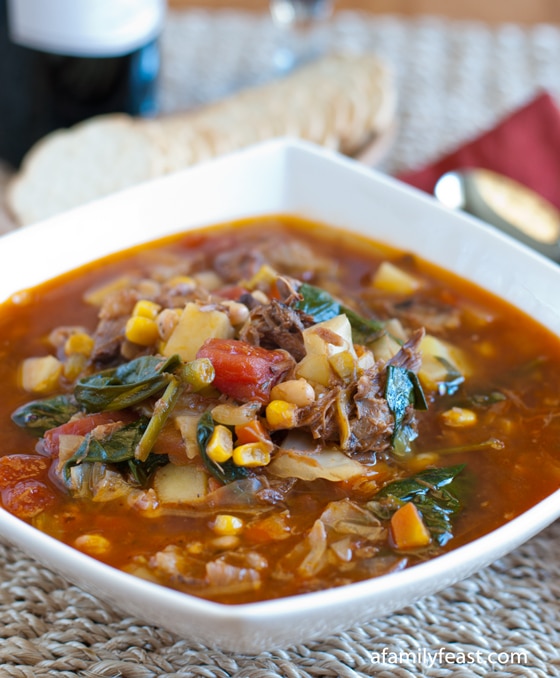 A Hearty Beef Vegetable Soup recipe - part of our Beef Soup Series at A Family Feast