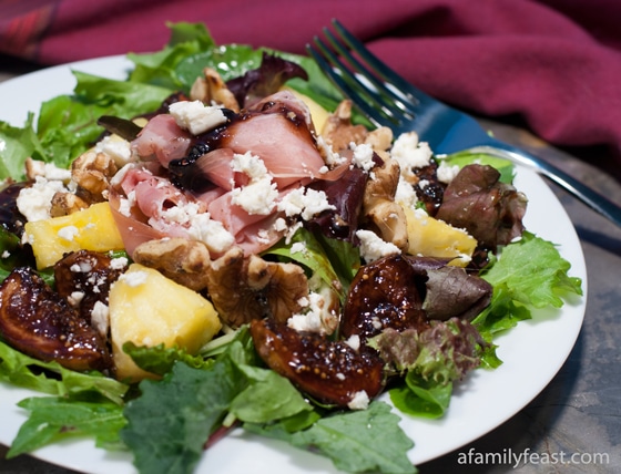 Glazed Fig Salad with Prosciutto and Feta Cheese -An amazing salad made with glazed figs, prosciutto, feta cheese, pineapple, nuts and other fresh ingredients.