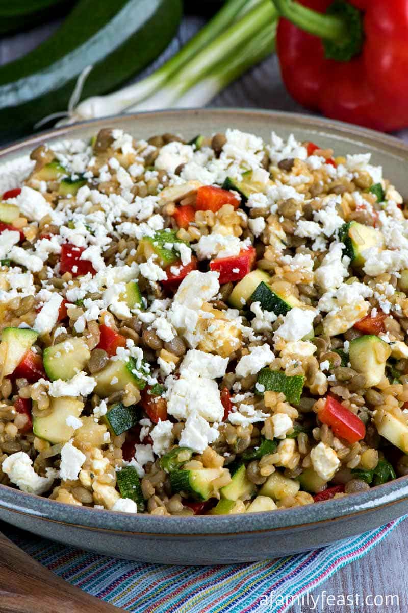 lentils brown rice feta cheese zucchini red peppers