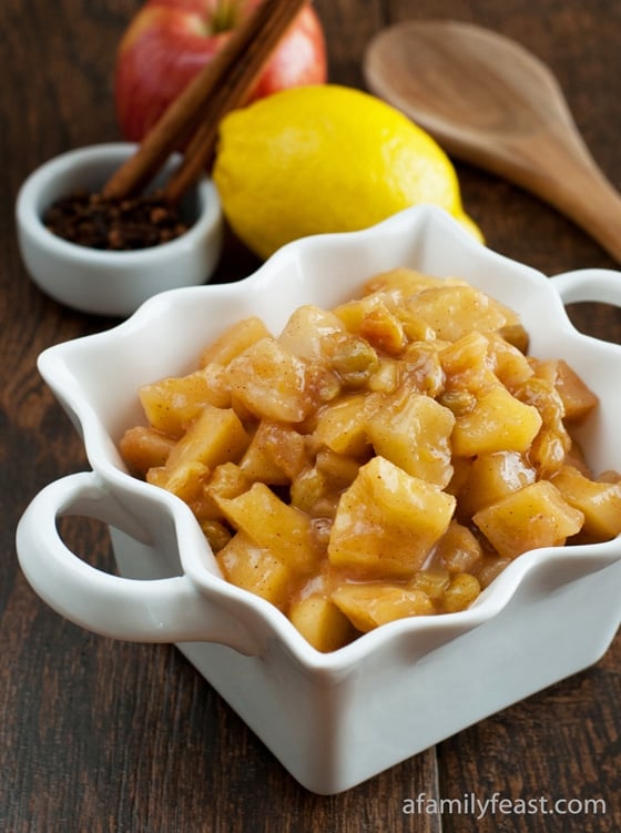 A delicious Apple Pear Compote made with apples, pears, golden raisins, lemon, sugar, spices and Calvados liquor.