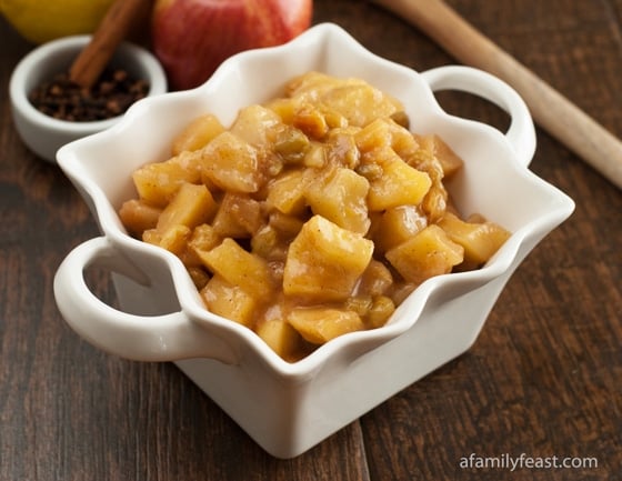 A delicious Apple Pear Compote made with apples, pears, golden raisins, lemon, sugar, spices and Calvados liquor.