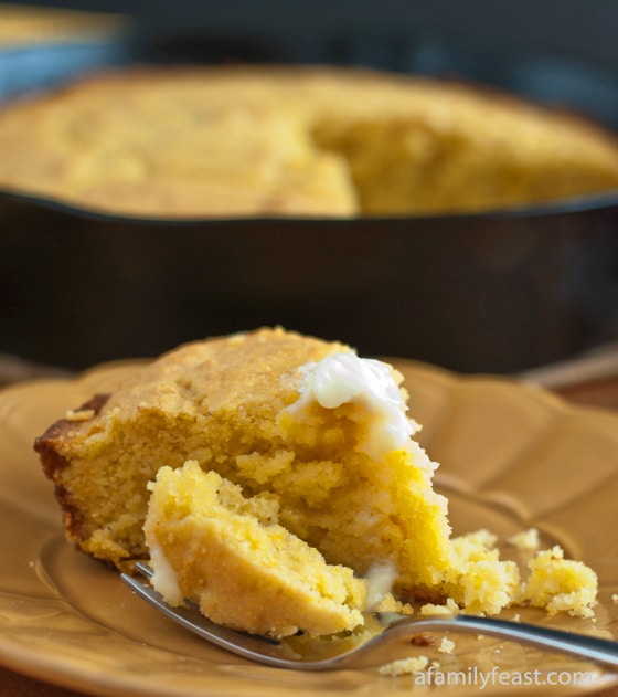 Moist, light and delicious cornbread made with creamed corn, ricotta cheese, mascarpone cheese and baked in cast-iron skillet for the perfect golden crust.