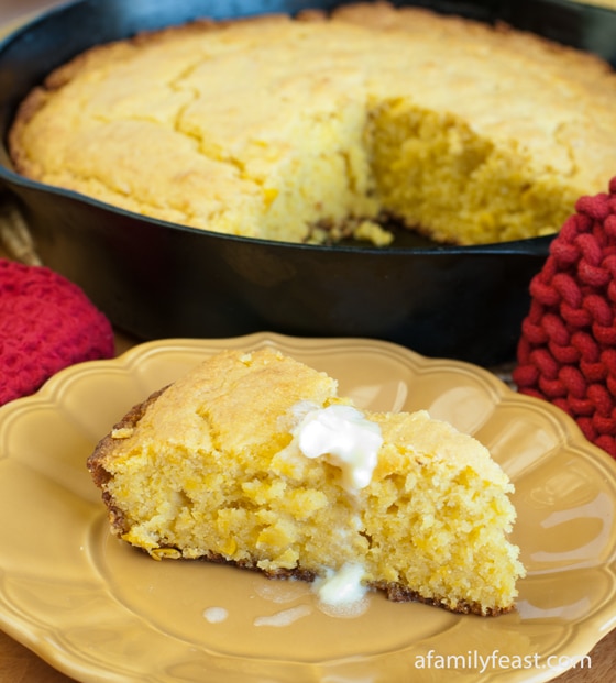 Moist, light and delicious cornbread made with creamed corn, ricotta cheese, mascarpone cheese and baked in cast-iron skillet for the perfect golden crust.