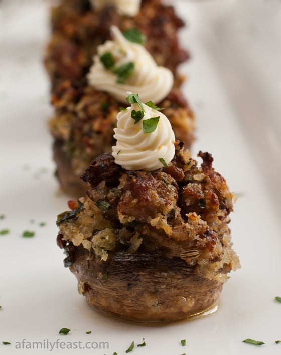 An amazingly delicious sausage stuffed mushrooms with mascarpone cheese, panko bread crumbs, Italian sausage, garlic and other seasonings.