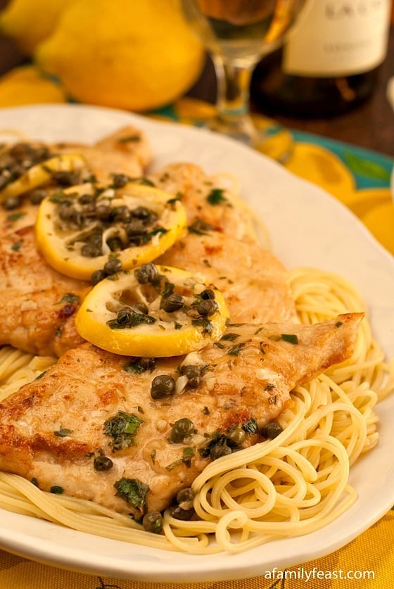 A delicious and easy chicken piccata made with chicken, lemon, capers, chicken broth and vermouth.