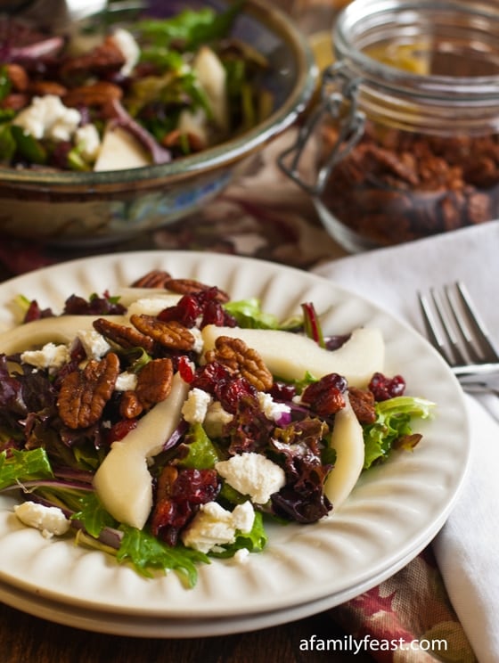 Mixed Greens Salad with Pears, Goat Cheese, Dried Cranberries and Spiced Pecans - A Family Feast