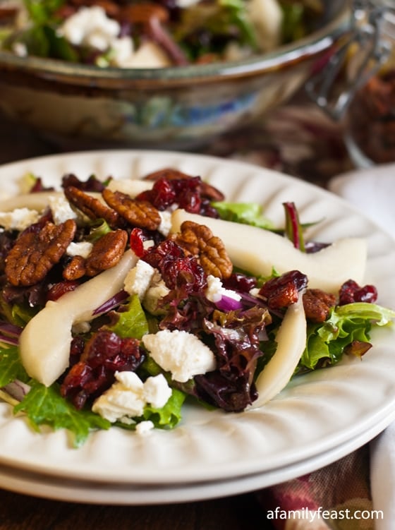 Mixed Greens Salad with Pears, Goat Cheese, Dried Cranberries and Spiced Pecans - A Family Feast