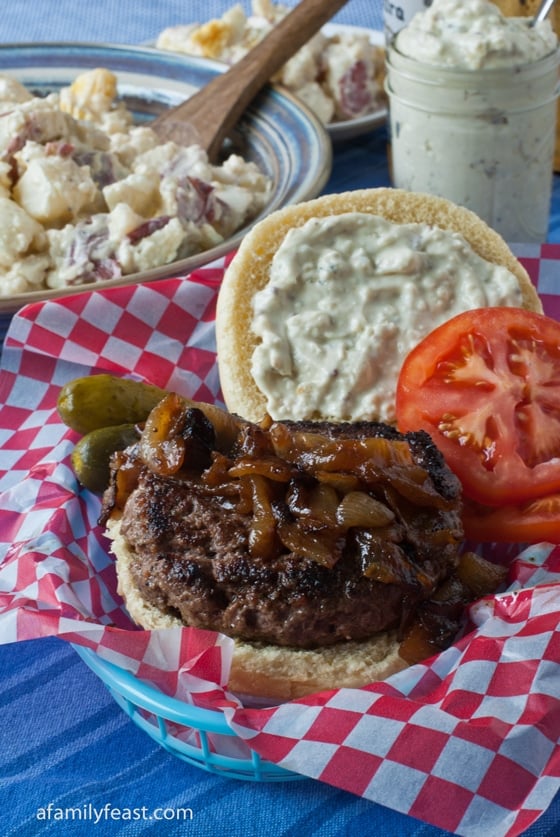 Our recipe for Seasoned Hamburgers with Caramelized Onions - so good and so easy! Great for summer barbecues.