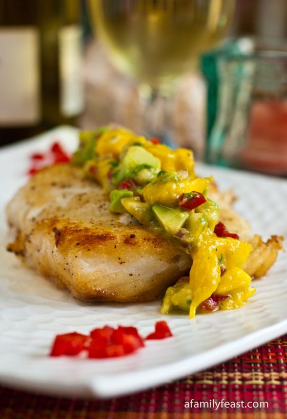 A delicious recipe for Pan Seared Halibut with Mango-Avocado Salsa.