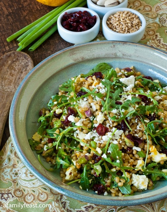 A light and healthy recipe for Wheatberry Salad with Cranberries, Feta and Orange Citronette