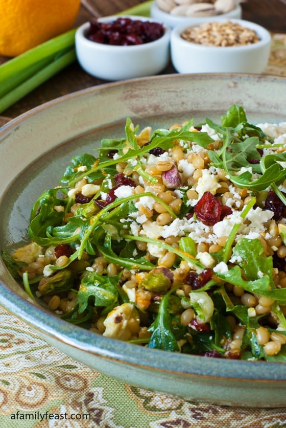 A light and healthy recipe for Wheatberry Salad with Cranberries, Feta and Orange Citronette