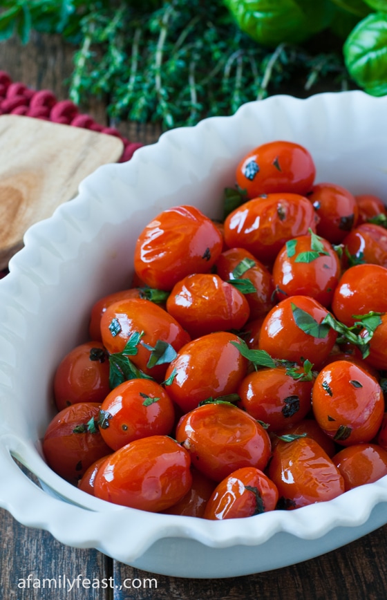 Our recipe for Pan Roasted Tomatoes with Herbs - the tomatoes come out so sweet and savory! Great with grilled foods and so easy!