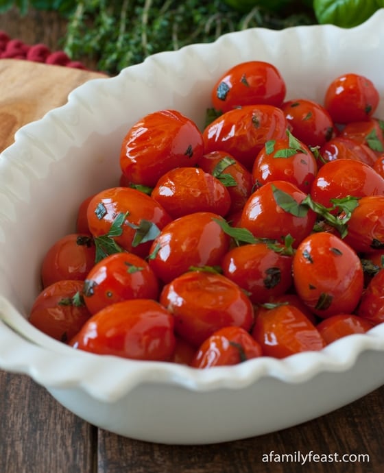 Our recipe for Pan Roasted Tomatoes with Herbs - the tomatoes come out so sweet and savory! Great with grilled foods and so easy!