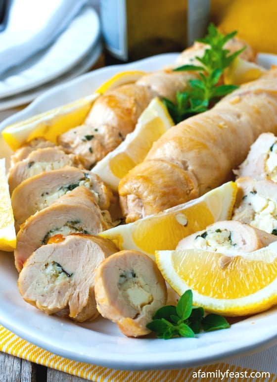 Our Greek Chicken Roulade is a delicious light meal. Rolled chicken with a stuffing made from feta cheese, lemon zest, garlic and oregano.
