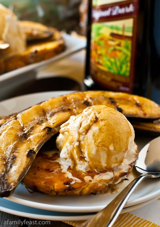 A quick, easy and impressive summertime dessert - Grilled Bananas and Pineapple with Rum-Molasses Glaze