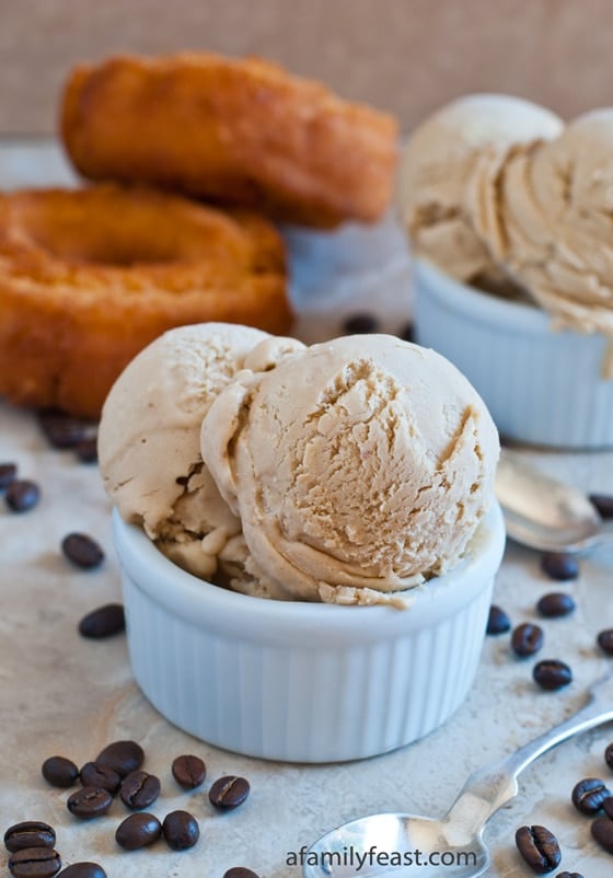 Coffee and Donuts Ice Cream - a super delicious combination of coffee flavored ice cream flavored with cake donuts. Wow - this is delicious!