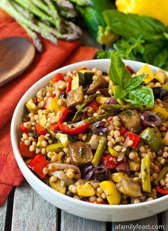 A fabulous way to enjoy fresh summer vegetables: Israeli Couscous Salad with Mediterranean Roasted Vegetables