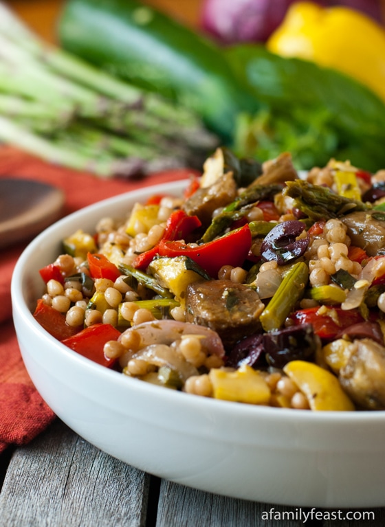 A fabulous way to enjoy fresh summer vegetables: Israeli Couscous Salad with Mediterranean Roasted Vegetables