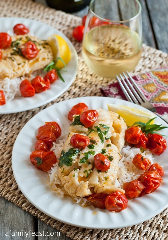 Poached Cod with Tarragon and Cherry Tomatoes - a quick and delicious dinner that is flavorful and healthy!