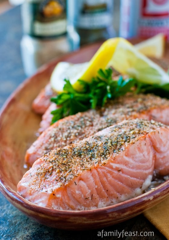 Baked Crusted Salmon - A simple yet super flavorful way to cook salmon. Just minutes to prepare and the salmon comes out incredibly tender!