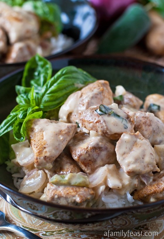 Basil Chicken in Coconut-Curry Sauce - Super flavorful chicken in a creamy coconut curry sauce. You will love this recipe!