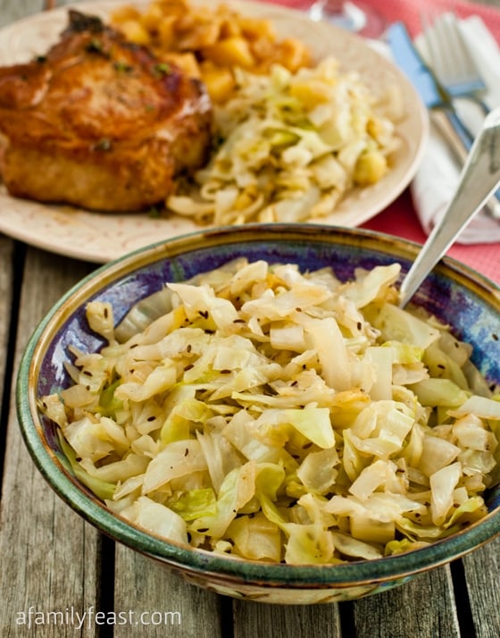 Braised Cabbage and Apples - A wonderful side dish for a fall dinner. Tender sauteed cabbage & apples that have been flavored with bacon, beer and caraway. Really delicious!