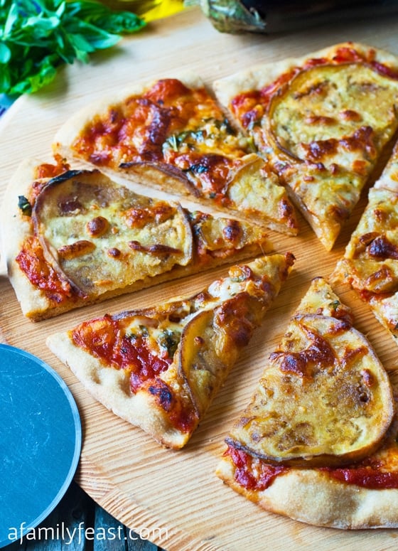 Eggplant and Garlic Pizza - Wow this pizza is delicious! Simple ingredients but the flavors of eggplant, garlic, cheese, sauce and herbs are perfectly balanced.