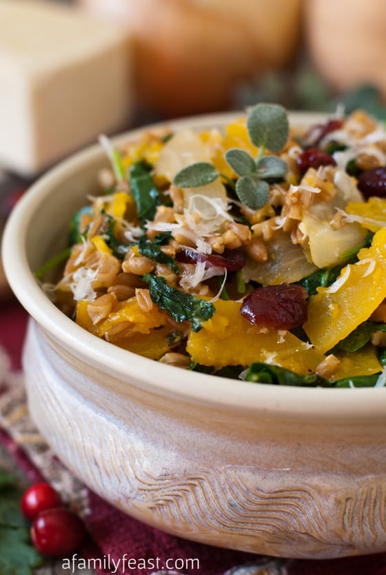 A delicious and hearty recipe for Farro with Butternut Squash and Baby Kale - Wonderful fall flavors in a healthy dish!
