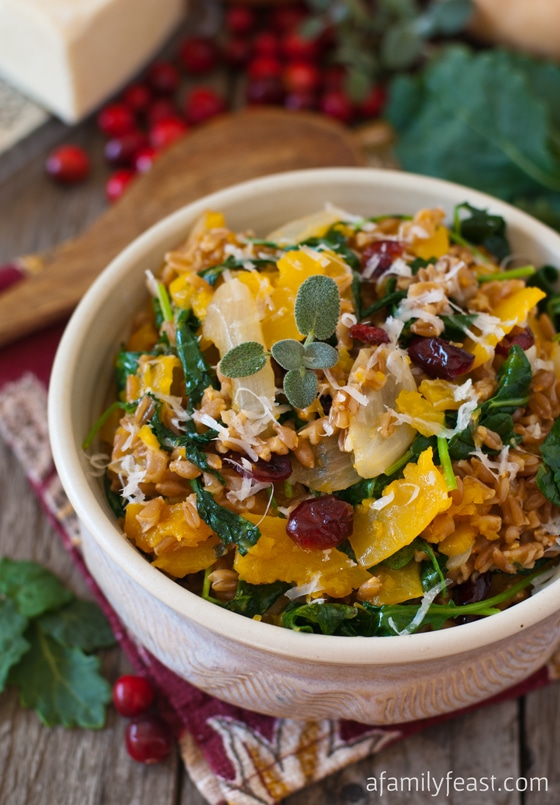 A delicious and hearty recipe for Farro with Butternut Squash and Baby Kale - Wonderful fall flavors in a healthy dish!