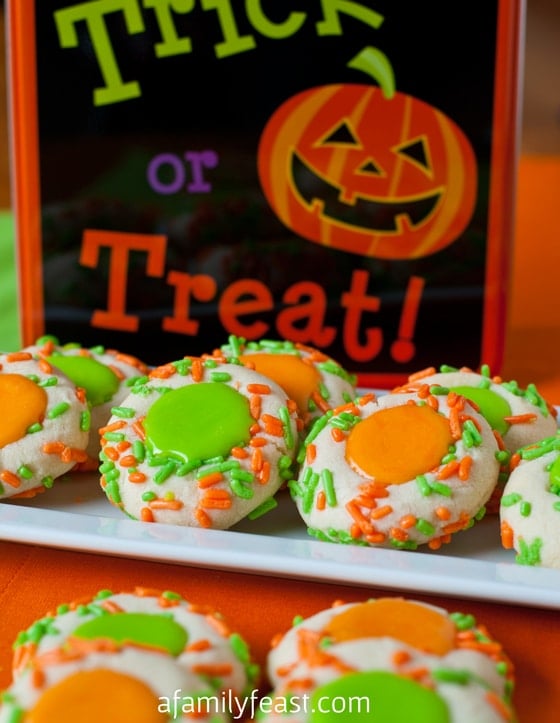 Halloween Thumbprint Cookies - Tender, buttery sugar cookies that are perfect for your next Halloween party!