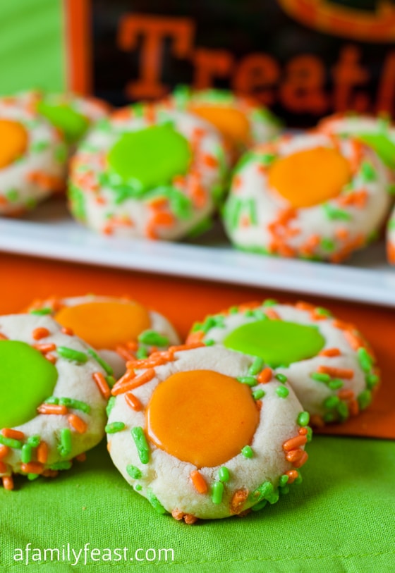 Halloween Thumbprint Cookies - Tender, buttery sugar cookies that are perfect for your next Halloween party!