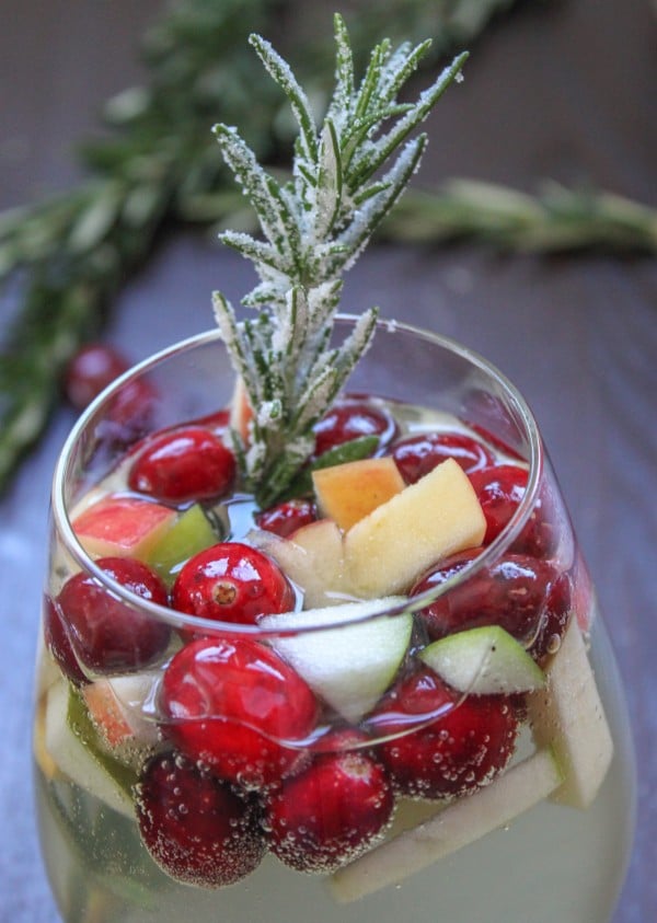 30+ Holiday Cocktails - Rosemary Cranberry White Sangria 