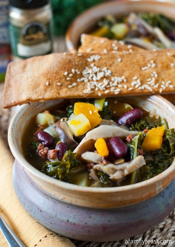 Kale and Shiitake Mushroom Soup with Ginger Sesame Lavash Crackers - A delicious, spicy and hearty soup served with delicious ginger-sesame lavash crackers.