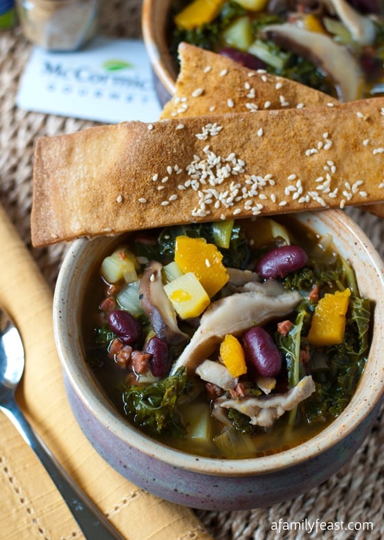 Kale and Shiitake Mushroom Soup with Ginger Sesame Lavash Crackers - A delicious, spicy and hearty soup served with delicious ginger-sesame lavash crackers.