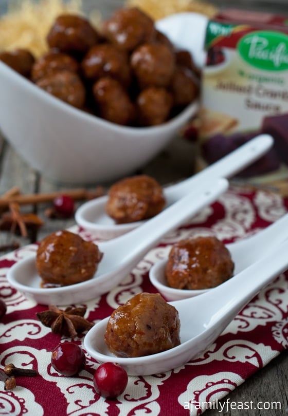 Turkey Meatballs with Cranberry Sweet & Sour Sauce - a delicious twist on traditional Thanksgiving flavors! Tender meatballs in an Asian-inspired cranberry sweet & sour sauce!