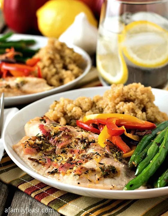 Baked Tilapia with Quinoa and Garlicky Green Beans 
