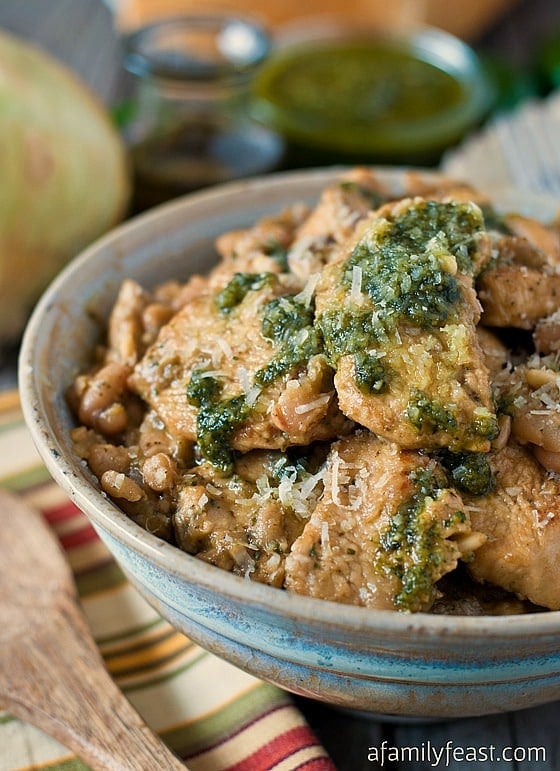 Pesto Chicken over Sautéed Cannellini Beans - A hearty, low-carb dinner that is quick and easy to make!