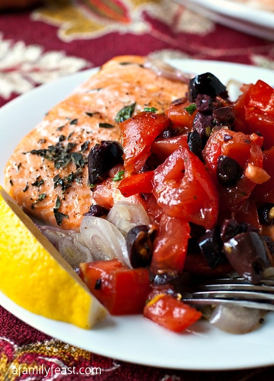 Roasted Salmon with Tomato-Olive Relish - Healthy and delicious, this fantastic recipe is bursting with fresh, Mediterranean-inspired flavor!