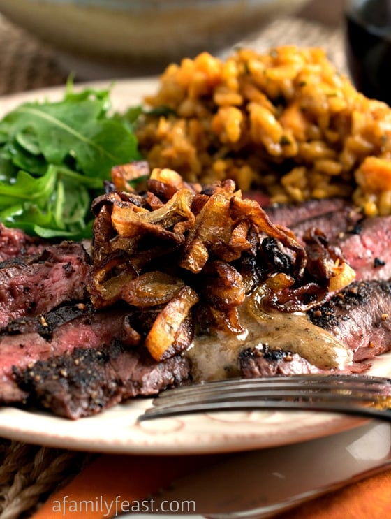 Steak au Poivre with Crispy Shallots - Tender peppercorn encrusted peppercorn steak with caramelized, crispy shallot and a wonderful cognac sauce. OMG - this is delicious!