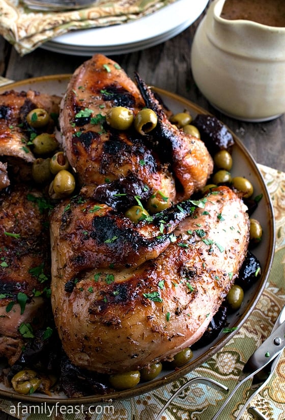 Chicken Marbella - A delicious recipe adapted from classic version featured in The Silver Palate Cookbook. Roasted chicken with a fantastic sweet and sour Mediterranean-inspired flavor!