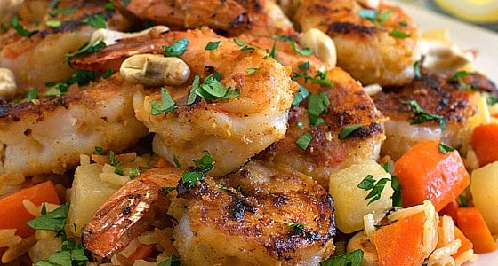 Garlic Lemon Shrimp with Savory Root Vegetable Rice Pilaf - A Family Feast