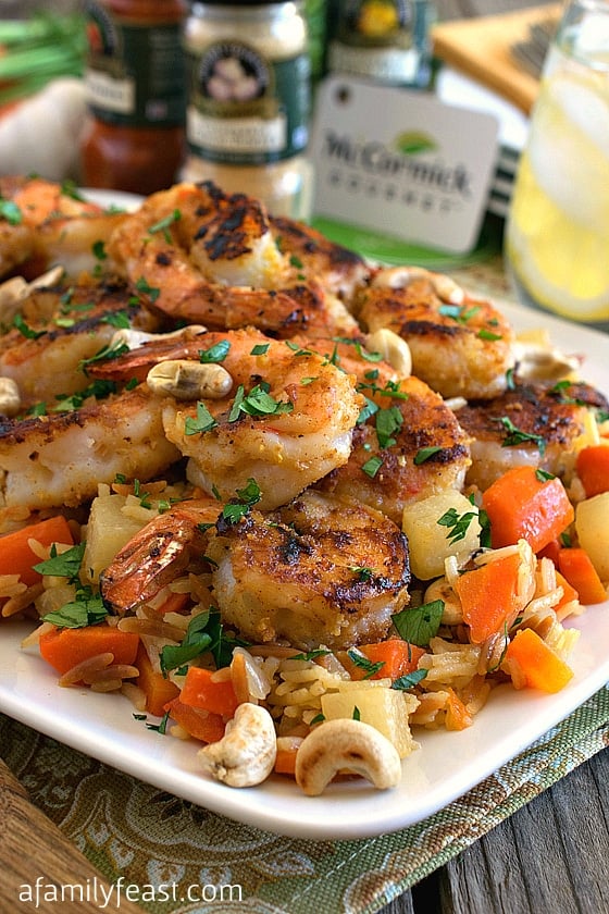 garlic lemon shrimp with savory root vegetable rice pilaf